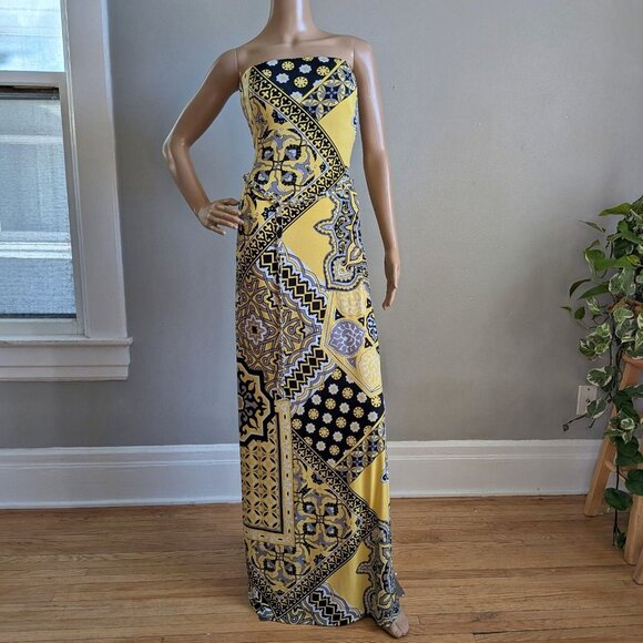 Vintage Y2K Cache Yellow Mixed Print Maxi Dress Chain Belt Strapless Size Large - Picture 1 of 13